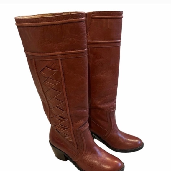 FOSSIL Felicia woven leather riding heeled knee high boots Cognac Brown Size 8 - Picture 2 of 12